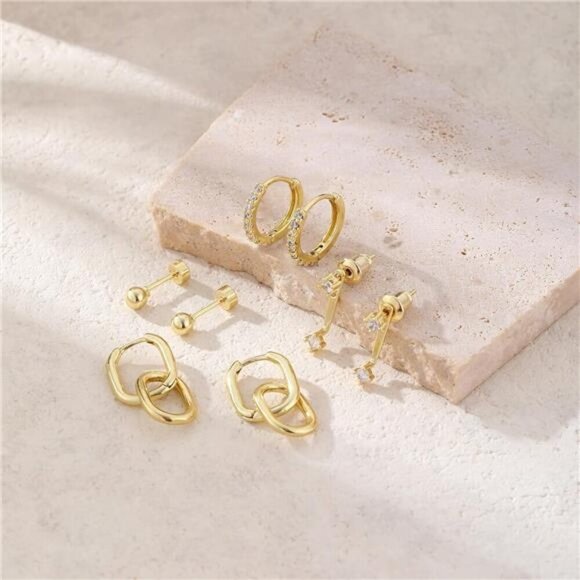 Gold Hoop & Stud Earring Set–Layered Look with Minimalist Set Sparkle & Shape - Picture 6 of 7